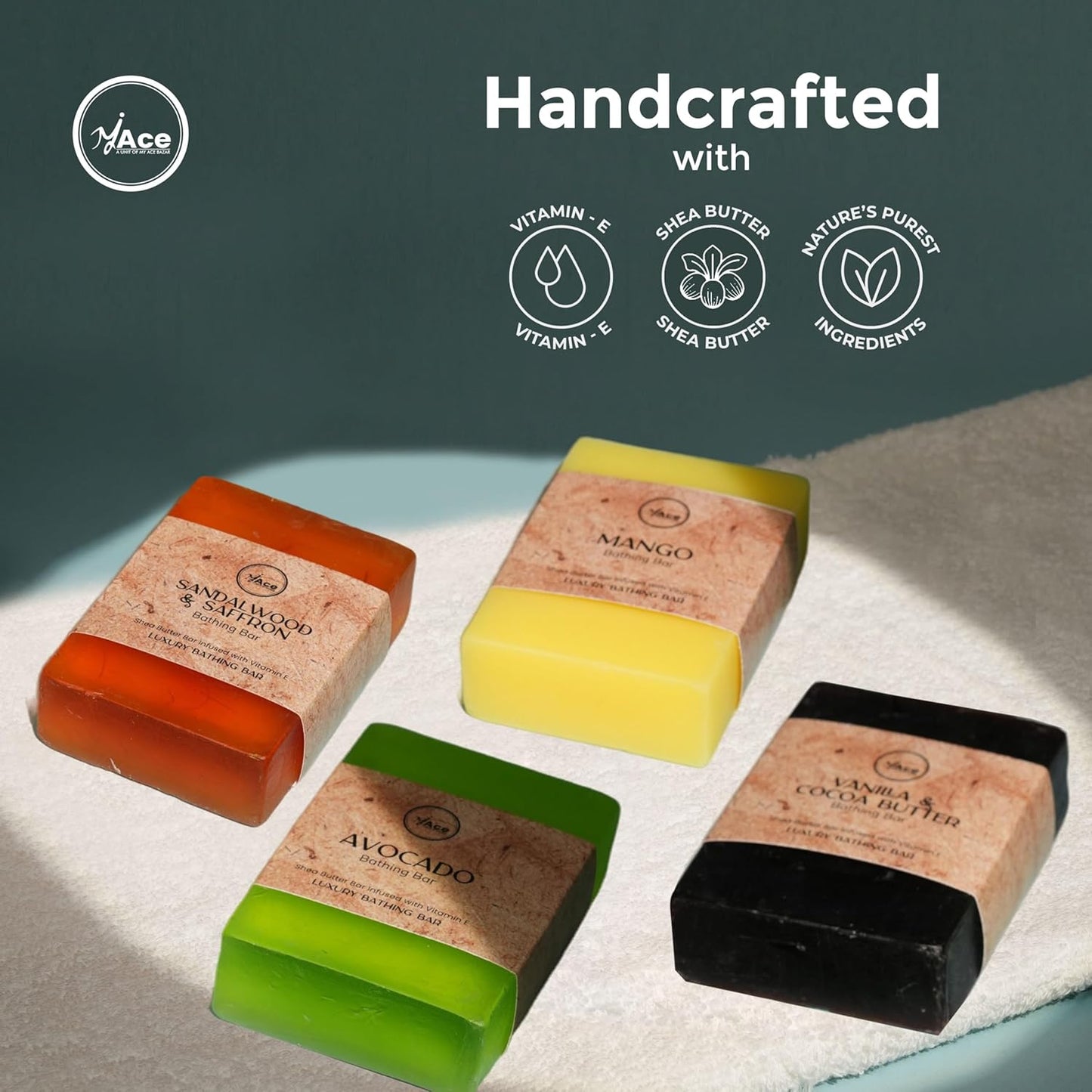 My Ace Handmade Soap Set – 4 Bathing Bars: Avocado, Mango, Vanilla & Cocoa Butter, Sandalwood & Saffron – SLES & Paraben-Free, Coconut Oil, Shea Butter & Vitamin E – Gentle & Moisturizing, 3.5 oz Each