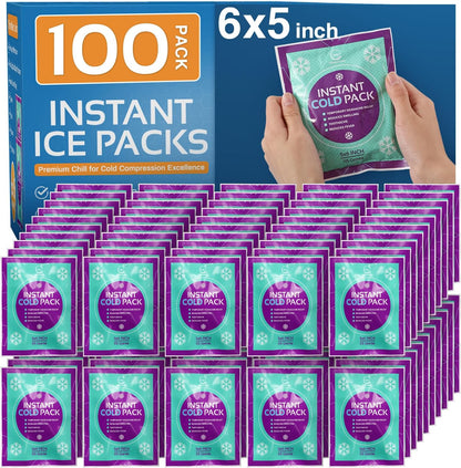 Disposable Instant Ice Cold Packs (6” x 5”) Bulk 100 Pack | Cold Compress Ice Pack for Pain Relief, First Aid & Outdoor