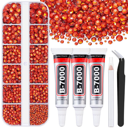 6000Pcs Resin Rhinestones for Bedazzling with 3Pcs B7000 Jewelry Glue, 1 Box Red Zircon Flatback Rhinestones for Crafting Crafts DIY, Crystals Gems for Clothing Shoes Tumblers Nail Art Makeup