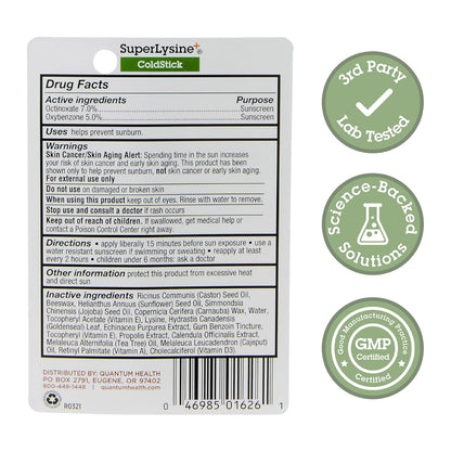Quantum Health SuperLysine+ Colds tick Lip Sunscreen - Lysine Herbs & Nutrients Soothe & Moisturize Lips - Softens & Protects from the Sun - SPF 21 - Clear - 0.17 Ounce