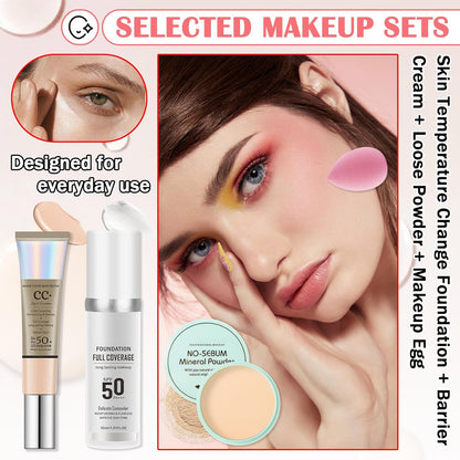 Color Changing Liquid Foundation & CC Cream Makeup Set,Moisturizing BB Cream & Loose Setting Face Powder with Makeup Sponge