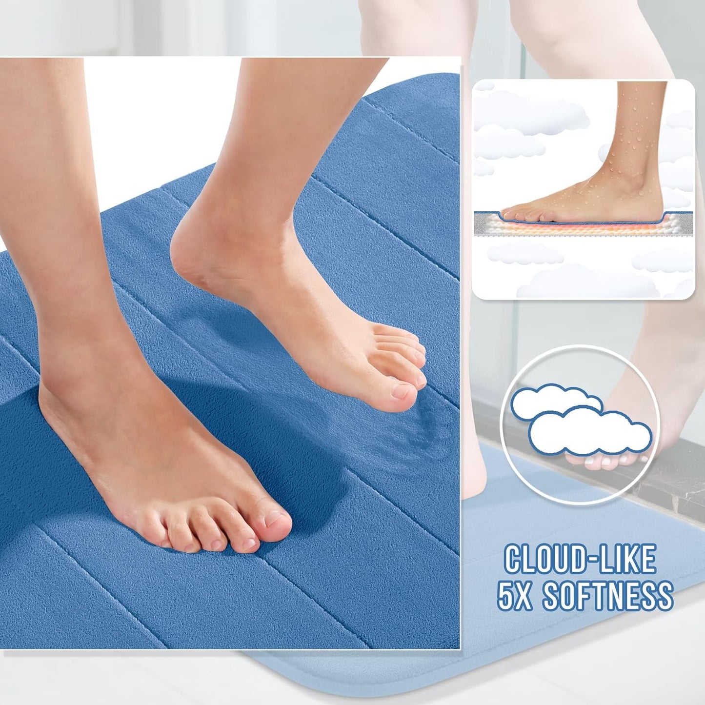 Yimobra Memory Foam Bath Mat, Super Soft Absorbent Bathroom Rug Non Slip 31.5x20 Inch, Quick Dry, Machine Washable Floor Carpet for Tub Shower, Home Decor Accessories, Blue