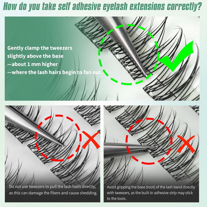 Self Adhesive Lashes Clusters Natural Look No Glue Eyelash Extensions Wispy Pre Glued Self Adhesive Eyelashes Reusable DIY Lash Extensions 120Pcs 9mm 10mm 11mm 13mm