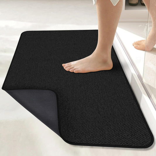 Bath Mat,Ultra Thin Bathroom Runner Rugs,Large Bath Mats for Bathroom,Quick Dry,Non-Slip,Machine Washable,Low Pile,Bath Rug,Shower Outside,Sink,Home Decor Accessories.Black,1'5"x2'11"（17x35inch）
