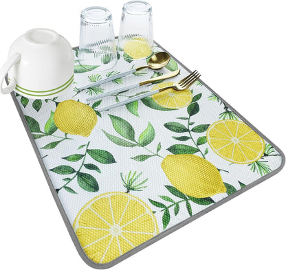 SHIYUE Dish Drying Mat for Kitchen Counter Super Absorbent Spring Kitchen Decor Microfiber Drying Matainers Rack Fast Pad Dish Drainer Mats(Yellow Lemon Green Leaves,16''x18'')