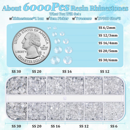 6000Pcs Resin Rhinestones for Bedazzling with 3Pcs B7000 Jewelry Glue, 1 Box Transparent Flatback Rhinestones for Crafting Crafts DIY, Crystals Gems for Clothing Shoes Tumblers Nail Art Makeup