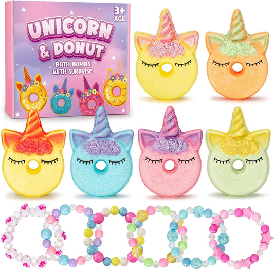 Bath Bombs for Girls,6 Packs Unicorn Donut Bubble Bath Bathbombs with Surprise Toys Inside, Bath Toys for Kids Age 4-8, Birthday Christmas Basket Stuffer Gifts for Girls 3 4 5 6 7 8