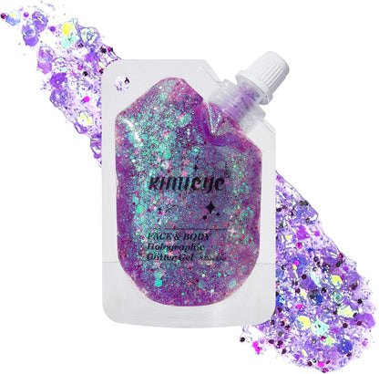 Holographic Face Glitter Gel Body Shimmer Makeup for for Hair, Face, Clavicle, Arm, Nail, Eyeshadow, Long Lasting Waterproof Mermaid Sequins Party Glitter for Rave Festival, 1.35oz (Illusion Purple#3)