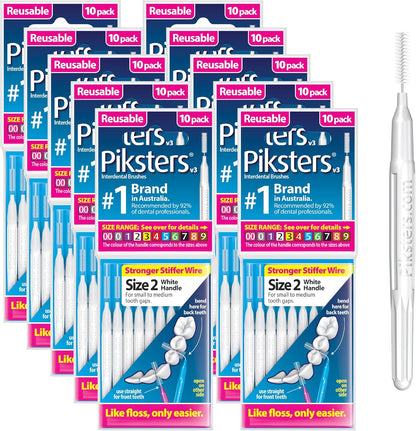 Piksters Interdental Brushes, Size 2, 100 Count (10 x 10 Packs), Interdental Tooth Brush for Extremely Tight and Fine Gaps, Gum Soft Bristles for Plaque Removal, Safe for Braces (100pk)