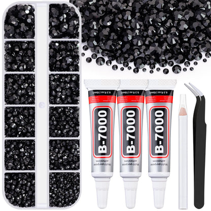 6000Pcs Resin Rhinestones for Bedazzling with 3Pcs B7000 Jewelry Glue, 1 Box Black Flatback Rhinestones for Crafting Crafts DIY, Crystals Gems for Clothing Shoes Tumblers Nail Art Makeup