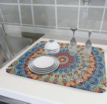 Bohemian Mandala Dish Drying Mat for Kitchen Counter Boho Microfiber Dish Drying Mats 18 x 24 Inch with High Absorbent Reversible Microfiber Dish Drying Pad Rack Mat for Coffee Bar