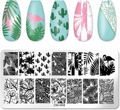6pcs Nail Art Stamping Plates Set Manicuring Accessories Coconut Tree Leaves Flowers Birds Cactus Island Geometry Image Template for DIY Tips Decoration
