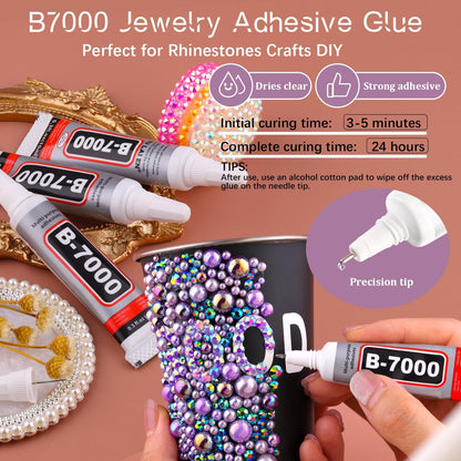 80g Flatback Pearls and Rhinestones for Crafting, White Brown 3-10mm Resin Rhinestones and Half Pearls for Bedazzling, Nail Art and Dec with 3pcs 10ml B7000 Jewelry Glue, Tweezer and Pickup Pencil