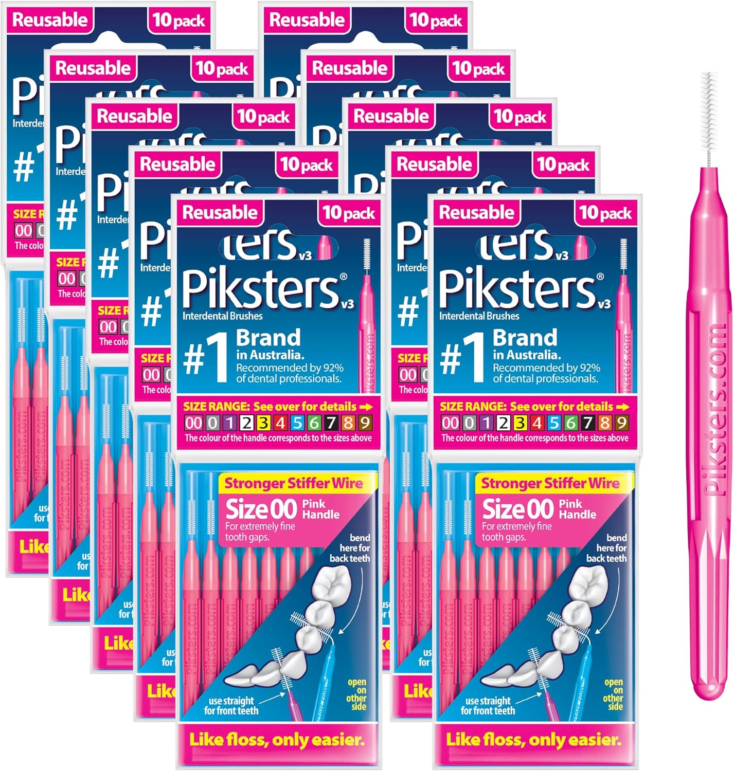 Piksters Interdental Brushes, Size 00, 100 Count (10 x 10 Packs), Interdental Tooth Brush for Extremely Tight Gaps, Gum Soft Bristles for Plaque Removal, Safe for Braces (100 pk)