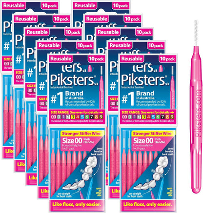 Piksters Interdental Brushes, Size 00, 100 Count (10 x 10 Packs), Interdental Tooth Brush for Extremely Tight Gaps, Gum Soft Bristles for Plaque Removal, Safe for Braces (100 pk)