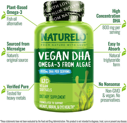 NATURELO Vegan DHA - Omega 3 Oil from Algae - Supplement for Brain, Heart, Joint, Eye Health - Provides Essential Fatty Acids for Women Men and Kids - Complements Prenatal Vitamins - 120 Softgels