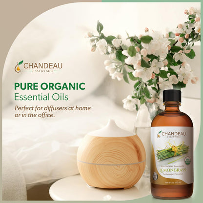 100% Pure Organic Essential Oil, Pure Lemongrass Essential Oil for Aromatherapy, Soap Making, Candles, Laundry, Perfume, Cleaners or Diffusers - Large Amber Glass Bottle, 16 oz.
