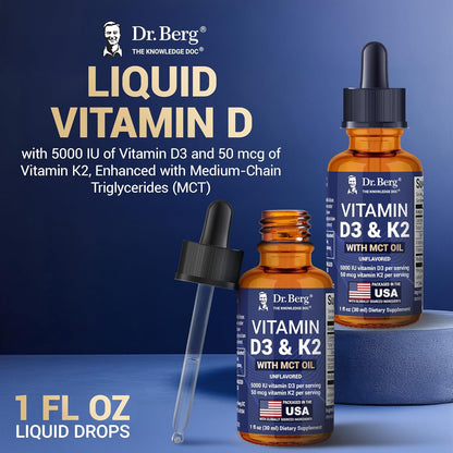 Dr. Berg Maximum Strength Vitamin D3 K2 Liquid Drops with MCT Oil – 5,000 IU Liquid Vitamin D3 with K2 – Supports Strong Bones, Heart, Energy, Immunity, and Overall Vitality* - Unflavored 1 Fl Oz