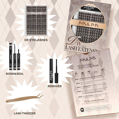 JMS&JMS Lash Clusters Kit 156Pcs CC Curl Lash Extension Kit with Lash Bond and Seal Eyelash Applictor Lash Remover Eyelash Brush Lash Extension Kit for Beginner (Side Spike-8-18mix)