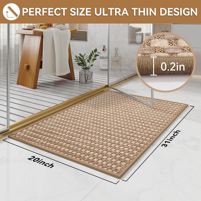 Bath Mat Bathroom Rugs Non Slip Washable, Soft Braided Ultra Thin Bath Mat, Super Absorbent Quick Dry Bath Rug Shower Mat, Rubber Backing, Fit Under Door Bathroom Floor Tub, Brown 20" x 31"