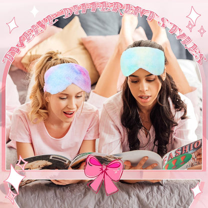 Newcotte 24 Pcs Sleepover Party Supplies for Girls, Includes 12 Pcs Plush Sleep Eye Mask and 12 Pcs Bow Hair Band, Plush Bow Headbands, Fur Face Wash Headband Faux Fur Mask for Women (Lovely Style)