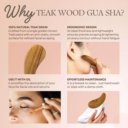 Teak Wood Gua Sha Facial Tool for Face and Body Massage, Anti-Aging Reduce Puffiness Wrinkles Shape Jawline Skincare Routine Treatment, Wooden Gua Sha Massager with Travel Pouch for Gift Set