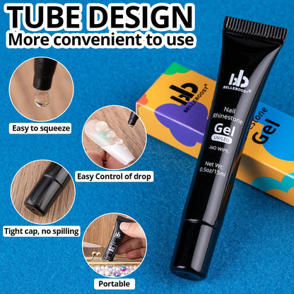 Nail Art Rhinestone Glue Gel&Flatback Gems Accessories Kit, 1 Tube of 15ml Rhinestone Gel Glue(UV/LED Needed)+1 Box of Flat-Back Half Round White Pearls with Pickup Pencil and Tweezer