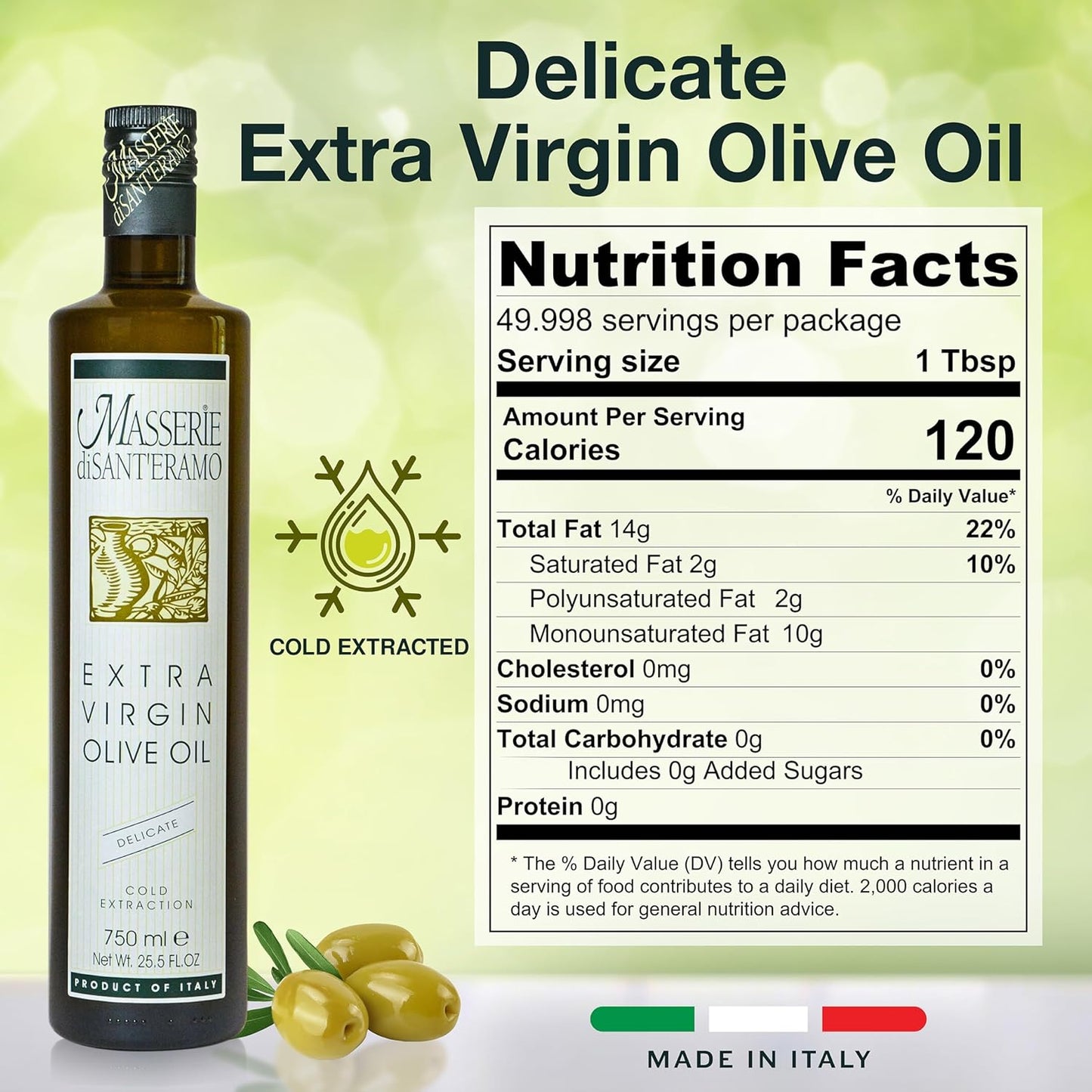 Delicate Italian Extra Virgin Olive Oil Cold Pressed - Light Olive Oil for Cooking and Frying, Imported from Italy - Masserie di Sant'Eramo - 25.5 Fl Oz (Pack 1)