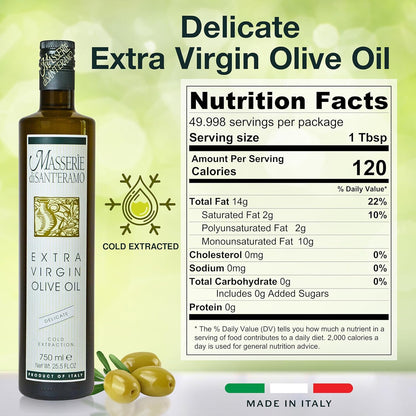 Delicate Italian Extra Virgin Olive Oil Cold Pressed - Light Olive Oil for Cooking and Frying, Imported from Italy - Masserie di Sant'Eramo - 25.5 Fl Oz (Pack 1)