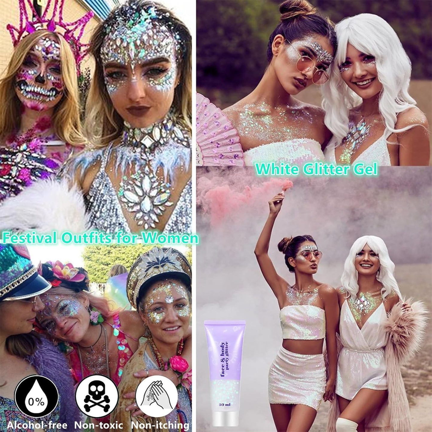 Go Ho 2PCS White Face Body Glitter Gel,Singer Concerts Face Glitter Makeup,Holographic Long Lasting Chunky Sequins Glitters for Eye Lip Hair Nails,Festival Rave Accessories,06 Fairy White Glitter