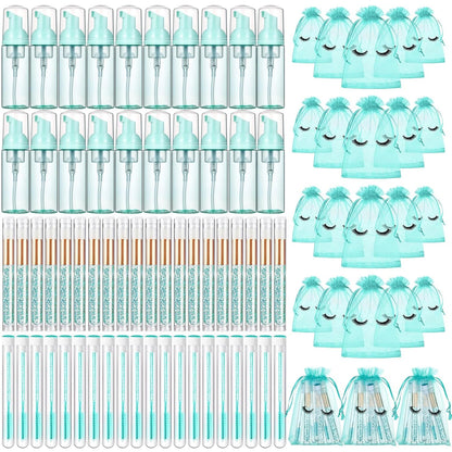 Zhehao 80 Pcs Lash Shampoo Bottle Brushes Kit 20 Foam Pump Dispensers 20 Lash Shampoo Brushes 20 Eyelash Aftercare Bag 20 Cleaning Pipes, Eyelash Extension Supplies(Green, Blue)