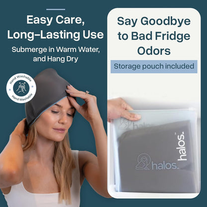 MyHalos® Migraine Relief Cap, 30% Thicker, 2X More Cooling Gel - Stays Colder for Longer, Ice Hat, Ice Pack Head Wrap, Cold Headaches & Migraine Mask - Hangover, Tension Headache Relief Cap (Gray)