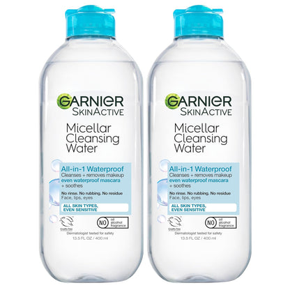 Garnier Micellar Water for Waterproof Makeup, Hydrating Facial Cleanser & Makeup Remover, Suitable for Sensitive Skin, Vegan, Cruelty Free, 13.5 Fl Oz (400mL), 2 Count