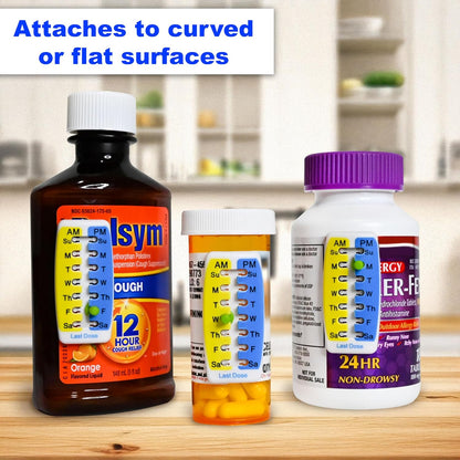 Pill Reminder Medication Tracker 2PK Single Strip can Track Morning and Evening doses. Use on Prescription vials, Pill Bottles, Vitamins, pet Medicine Flat or Curved Surfaces