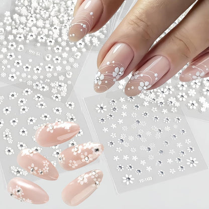 30 Sheets White Flower Nail Art Stickers, 3D Self Adhesive White Flower Nail Sticker Design Holographic Small Floral with Rhinestones Nail Art Decals Nail Supplies for Women Girls Manicure Decoration