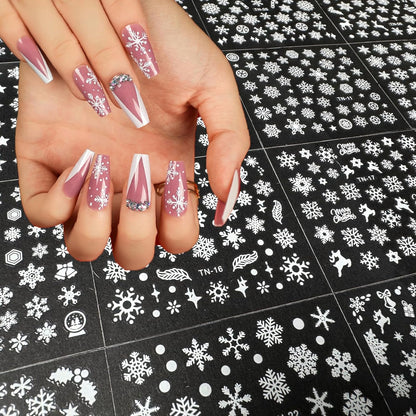 30 Sheets Christmas Nail Art Stickers 3D Self-Adhesive Snowflake Holiday Nail Stickers White Snowmen Santa Claus Elk Decals Decorations Supplies for Women (Snowflake)