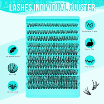 Lash Clusters 200pcs, Eyelash Extension Kit 40D D Curl Diy Cluster Eyelashes Extensions Lash Bond and Remover Waterproof Lash Applicator Tools for 8-18mm Mix Lashes Beginner Self Use