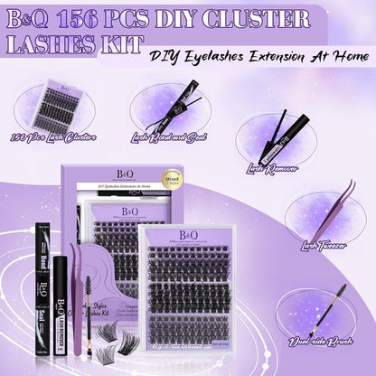 B&Qaugen Lash Clusters 156PCS Lash Clusters Kit B01+B02+B19 DIY Lash Extension Kit Eyelash Extension Kit 8-18mm Wispy Lashes Clusters with Lash Bond & Seal Lash Applicator Tool for DIY (Andromeda)