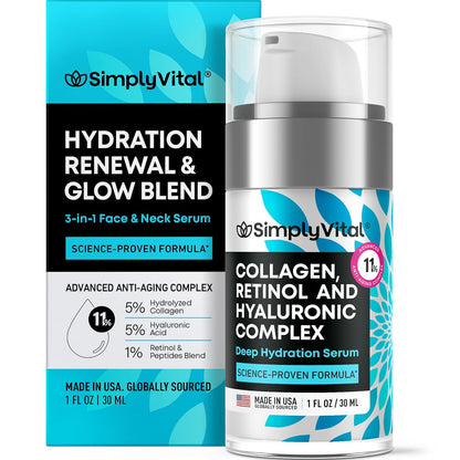 SimplyVital Collagen, Retinol & Hyaluronic Acid Serum - Moisturizer for Face, Neck & Décolleté – Lightweight Hydration for Daily Care – Made in USA – Hyaluronic Acid Cream – 1 fl.oz