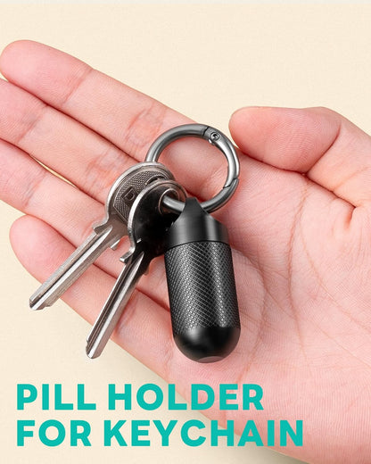 TISUR Small Pill Keychain Container, Mini Portable Titanium Keychain Pill Holder, Pocket Travel Bottle Metal Purse Box Case Black (Large Black-0.63inch)