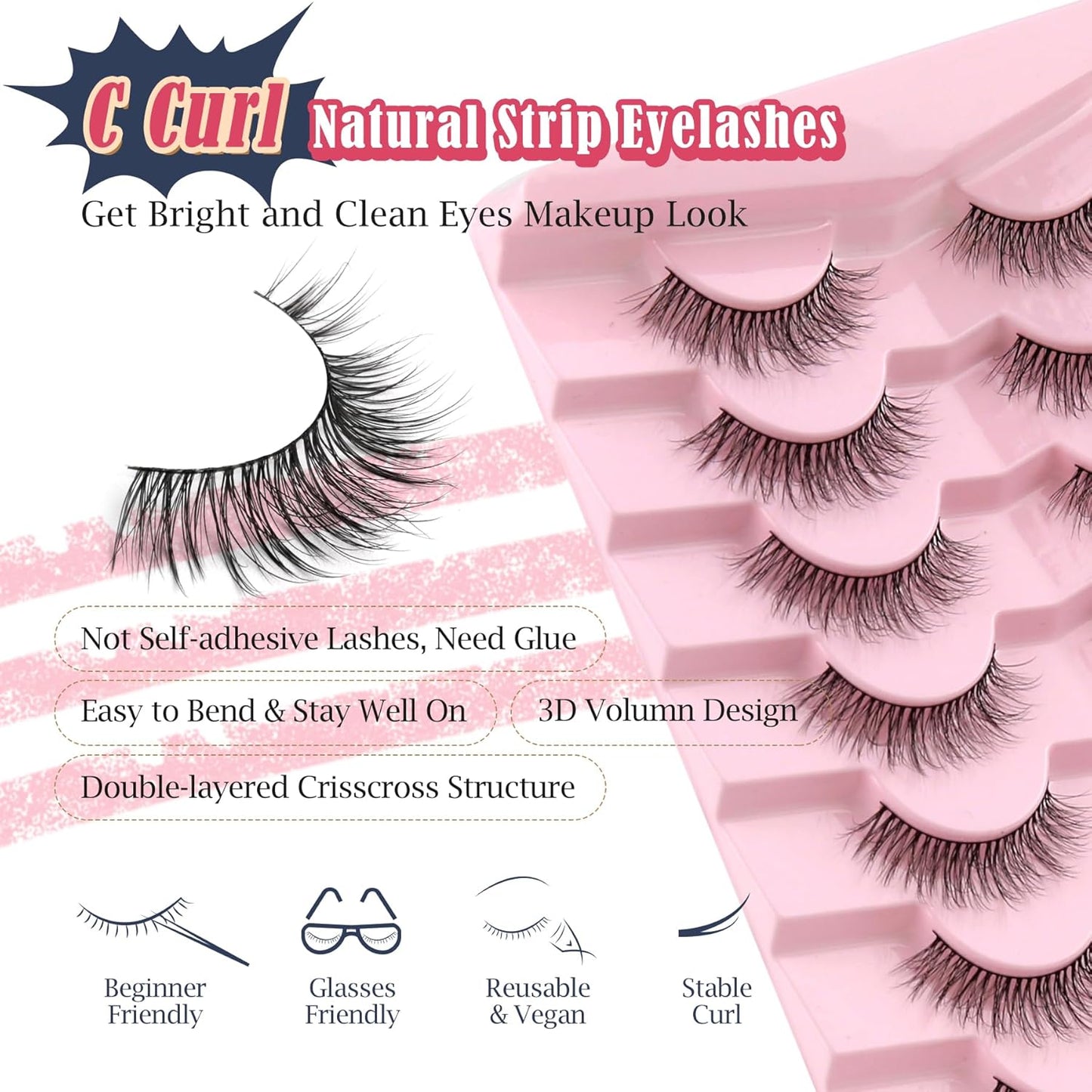 Natural Lashes Eyelashes Wispy 12mm False Lashes Soft Strip Lashes 3D Volume Eyelashes Thin Cotton Band Natural Eye Lashes C Curl Eyelash Siligli Lash Pack 7 Pair