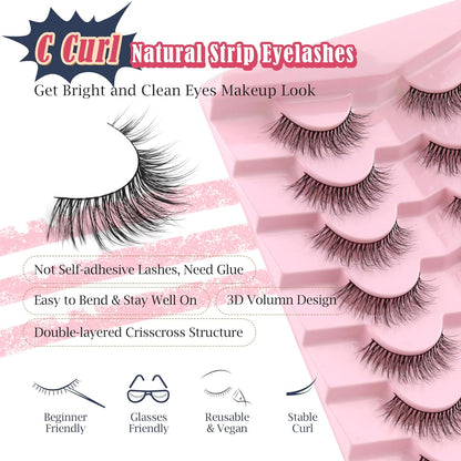 Natural Lashes Eyelashes Wispy 12mm False Lashes Soft Strip Lashes 3D Volume Eyelashes Thin Cotton Band Natural Eye Lashes C Curl Eyelash Siligli Lash Pack 7 Pair