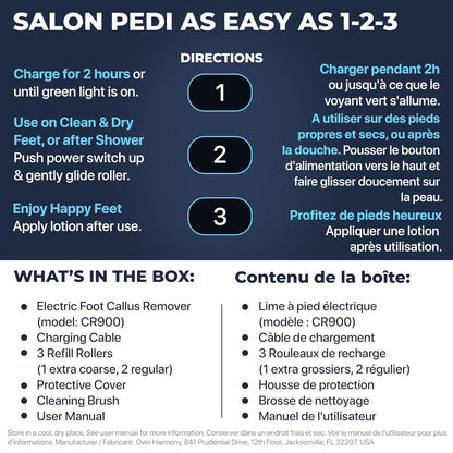 Electric Callus Remover: Rechargeable Electronic Foot File CR900 by Own Harmony(Tested Most Powerful) Best Pedicure Tools w 3 Rollers Professional Pedi Feet Care Sander for Cracked Heels and Hard Skin