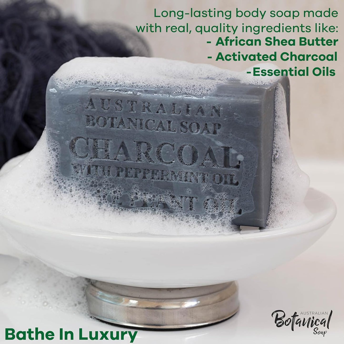 Australian Botanical African Black Soap with Activated Charcoal and Peppermint Oil 6.6 oz, Pack of 8 Activated Charcoal Soap with Raw Organic Shea Butter, for All Skin Types