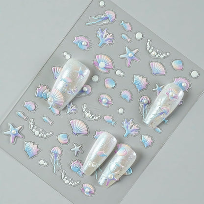 1 Sheets Embossed Shell Starfish Nail Art Stickers 5D Self Adhesive Summer Marine Life Fishtail Pearl Decals for Women Girls Manicure DIY Decorations Exquisite Cardboard Set