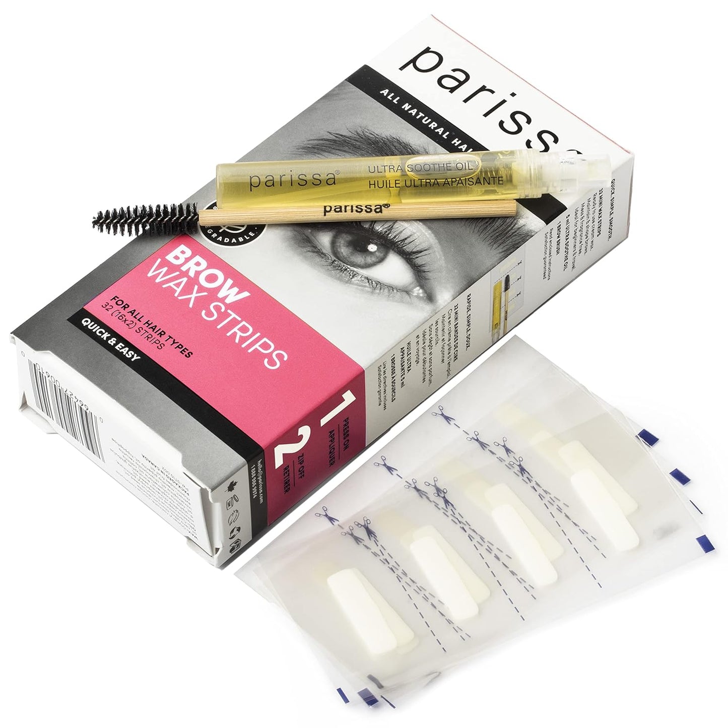 Parissa Eyebrow Wax Strips | Biodegradable & Fragrance-Free | Ready-to-Use Hair Removal Kit for At-Home Brow Waxing, Gentle on Sensitive Skin with Post-Wax Ultra Soothe Oil | 32 Strips (16 x 2)