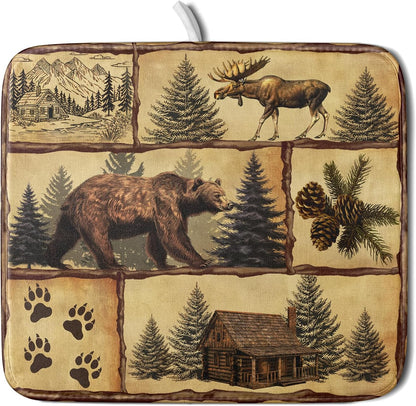 Vintage Bear Moose Dish Drying Mat 16x18 Inch Country Cabin Absorbent Dish Draining Mat Heat Resistant Drying Pad for Counter Sink Home