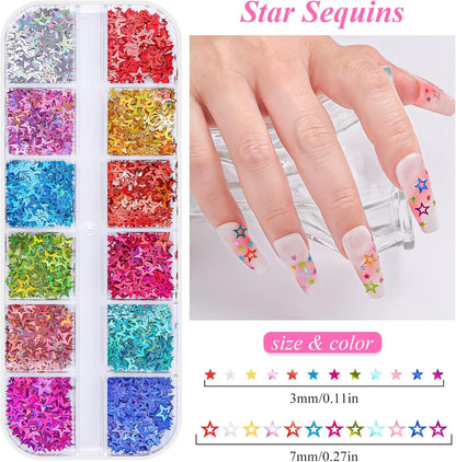 5 Boxes 60 Colors Holographic Nail Art Sequins Kit,Fruit Slice,Iridescent Sparkle Laser Hollow 3D Star Butterfly Heart Round Mixed-shapes Nail Glitter Flakes for Manicure Body Makeup(3-colorful-kit3)