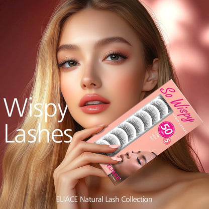Eliace Luxurious 50 Pairs 5 Styles Cat Eye Lashes Wispy False Eyelashes Natural look 3D Mink Lashes Fake Eyelashes Kit, Thin Soft Band Comfortable Fluffy Volume Cross Strip Lash, with Lash Tweezers