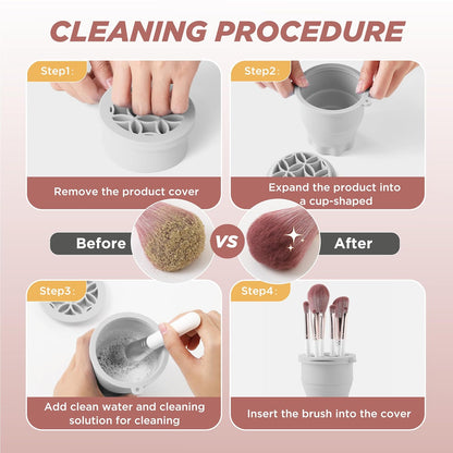 Makeup Brush Cleaner - Foldable Silicone Makeup Brush Cleaner Mat with Brush Storage Holder Makeup Brush Cleaning Bowl Cosmetic Brush Washing Tool for Cleaning Organizer and Drying (Grey)